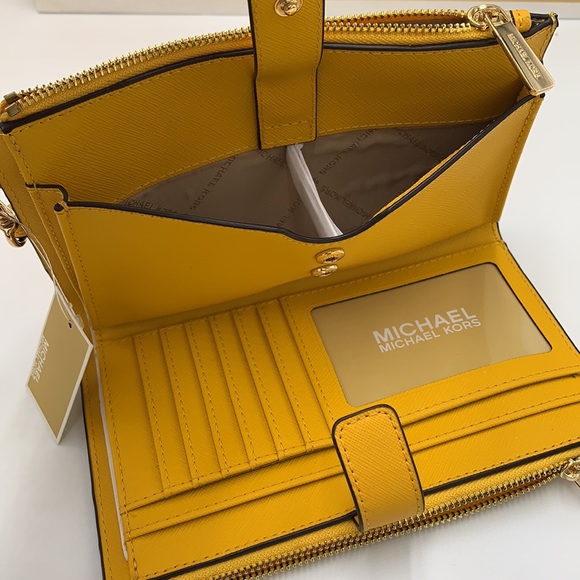 MICHAEL KORS LARGE DOUBLE ZIP WRISTLET WALLET JASMINE YELLOW COLOR - Picture 7 of 13